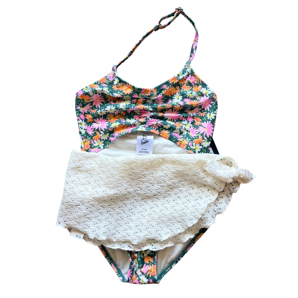 Art Class Green Floral Cut-Out 1pc Swim Bathing Suit Coverup Set XS 4/5 NEW NWT